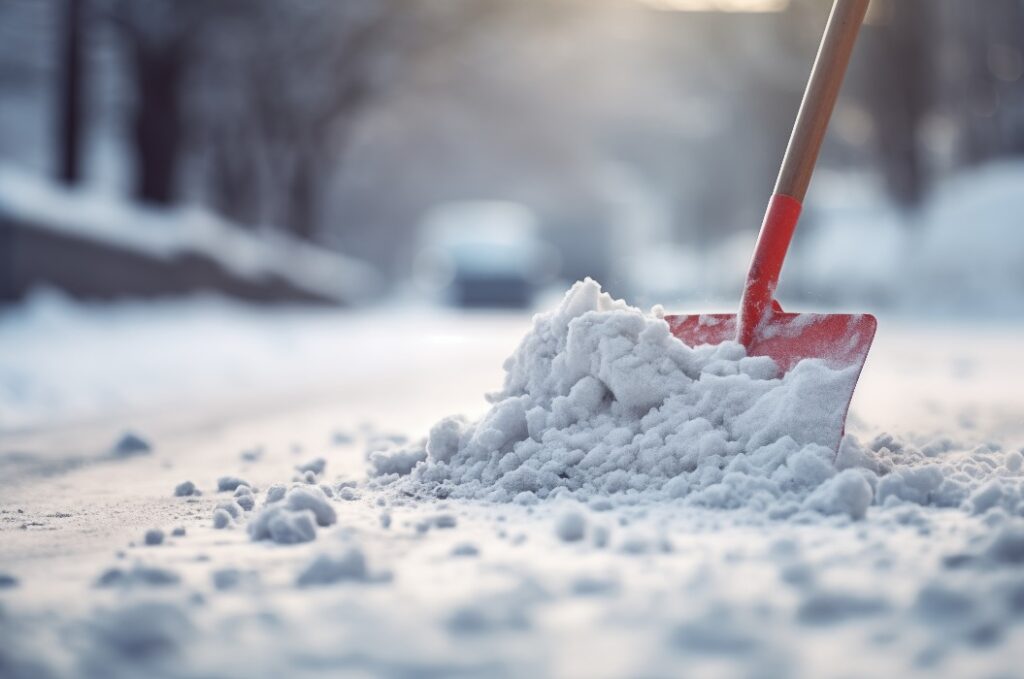 Person nutzt Schneeschieber um den Gehweg zu räumen